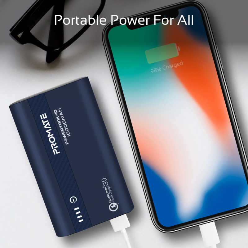 Promate 10000mAh PowerTank-10 USB-C Power Bank, Compact Palm Size 18W USB Type-C Input /Output Power Delivery External Battery Charger with QC 3.0 Port for iPhone XS /XS Max, Samsung S9/S9+, Blue